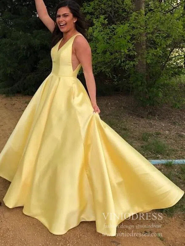 Simple V Neck Yellow Long Prom Dresses with Pockets FD1713-prom dresses 2025 -Viniodress-Yellow-Custom Size-