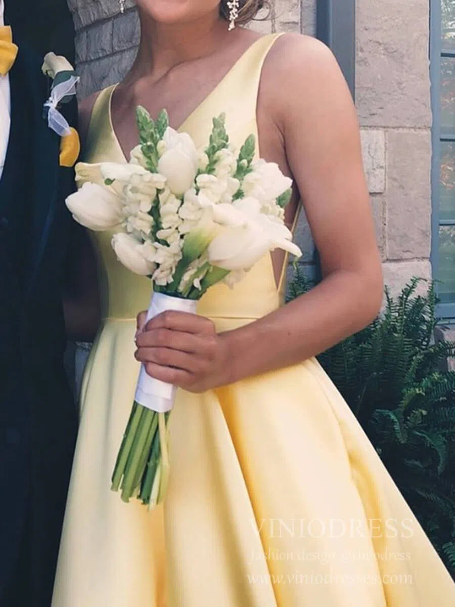 Simple V Neck Yellow Long Prom Dresses with Pockets FD1713-prom dresses 2025 -Viniodress-Yellow-Custom Size-