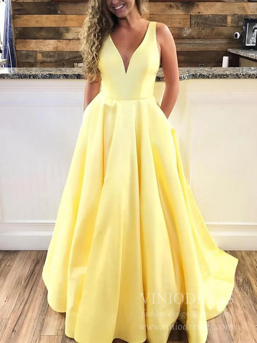 Simple V Neck Yellow Long Prom Dresses with Pockets FD1713-prom dresses 2025 -Viniodress-Yellow-Custom Size-