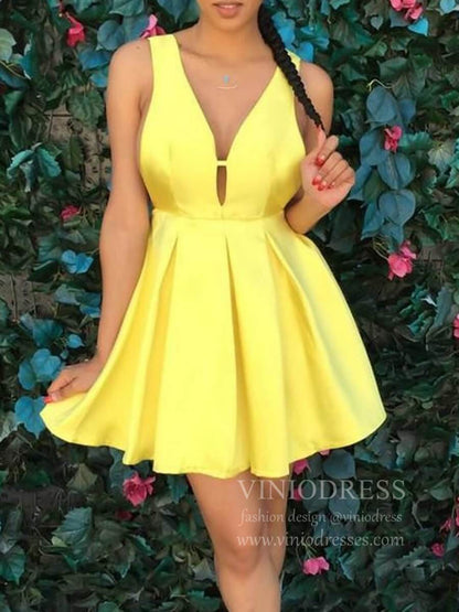 Simple V Neck Yellow Satin Homecoming Dresses Burgundy Cocktail Dress SD1265-Homecoming Dresses 2025 -Viniodress-Yellow-Custom Size-