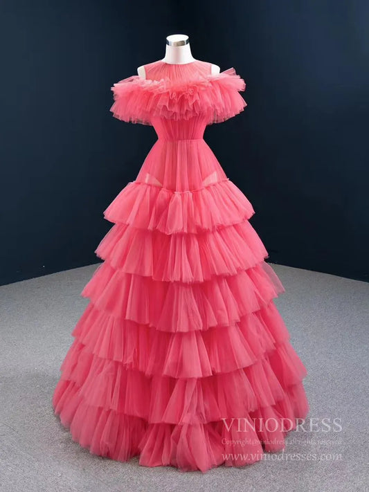 Simple Watermelon Pink Prom Dresses Tiered Ruffle Ball Gown FD2450-prom dresses 2025 -Viniodress-As Picture-Custom Size-