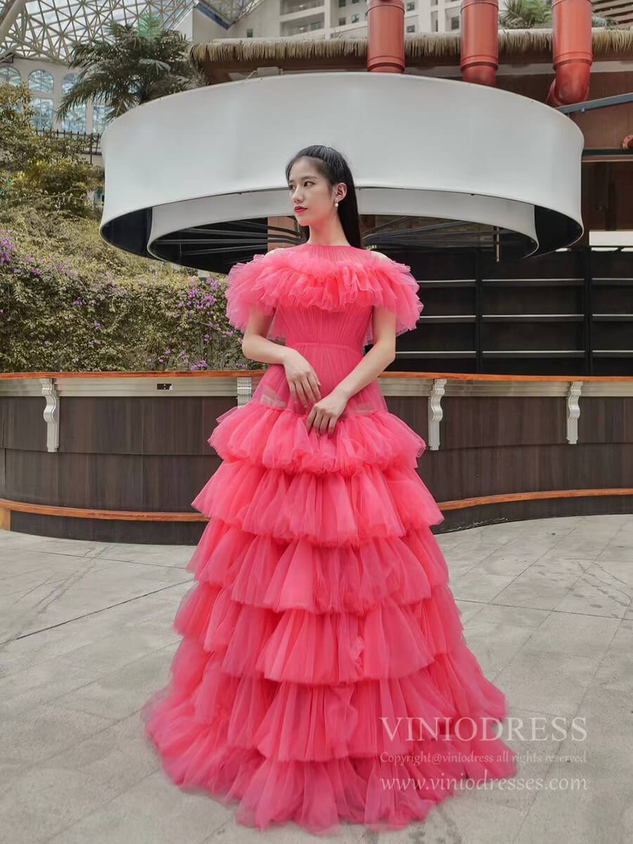 Prom Dress 2025 Simple Watermelon Pink Prom Dresses Tiered Ruffle Ball Gown FD2450-unique prom dresses-As Picture-Custom Size-Viniodress