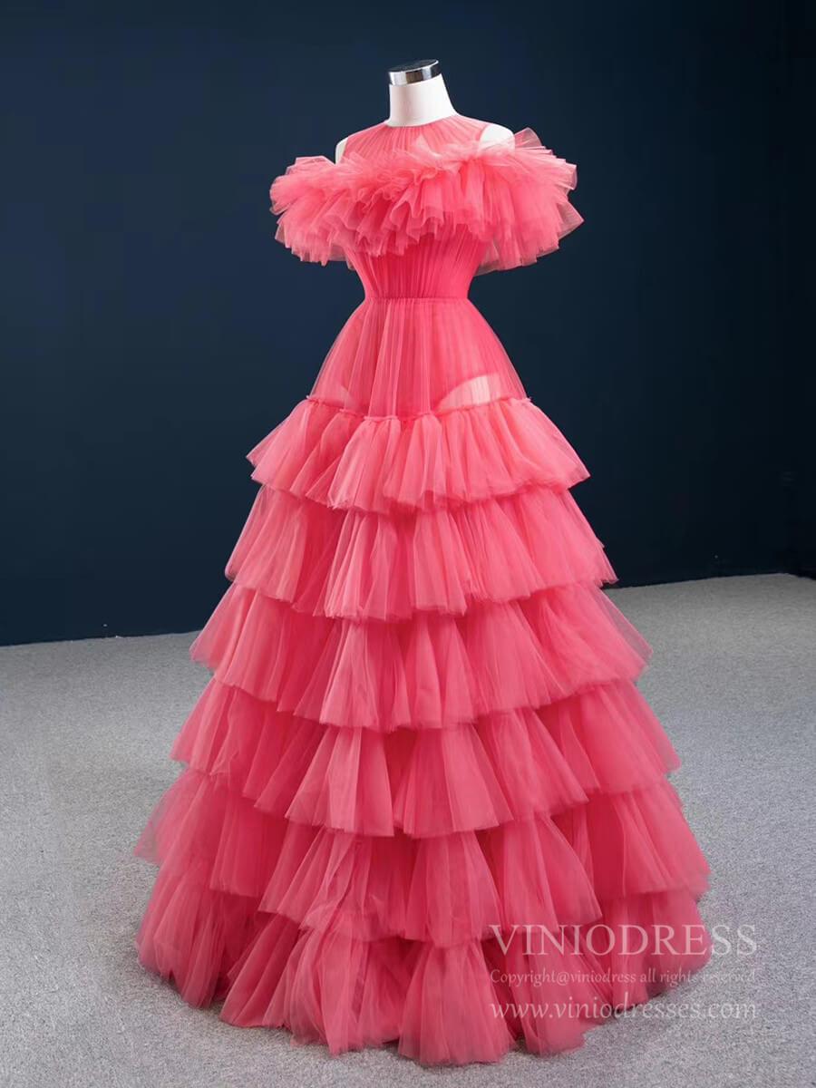 Prom Dress 2025 Simple Watermelon Pink Prom Dresses Tiered Ruffle Ball Gown FD2450-unique prom dresses-As Picture-Custom Size-Viniodress