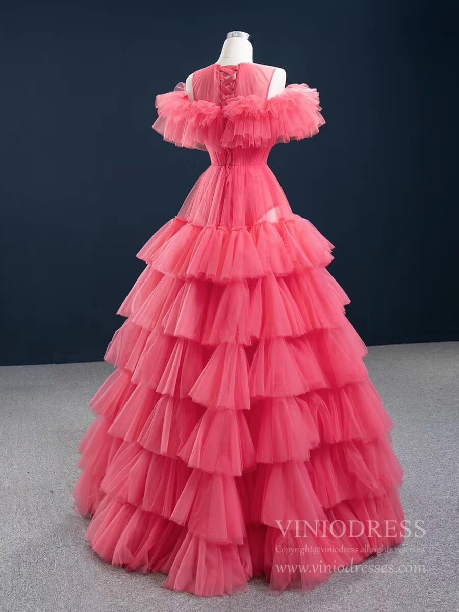 Prom Dress 2025 Simple Watermelon Pink Prom Dresses Tiered Ruffle Ball Gown FD2450-unique prom dresses-As Picture-Custom Size-Viniodress