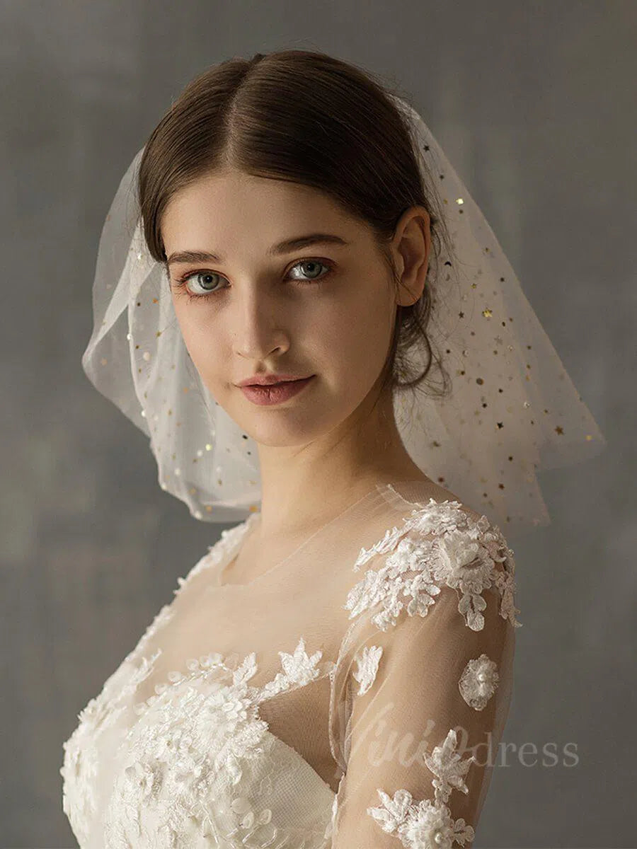 Simple Wedding Veils with Gold Stars AC1011-Bridal Veil 2025 -Viniodress-Ivory-