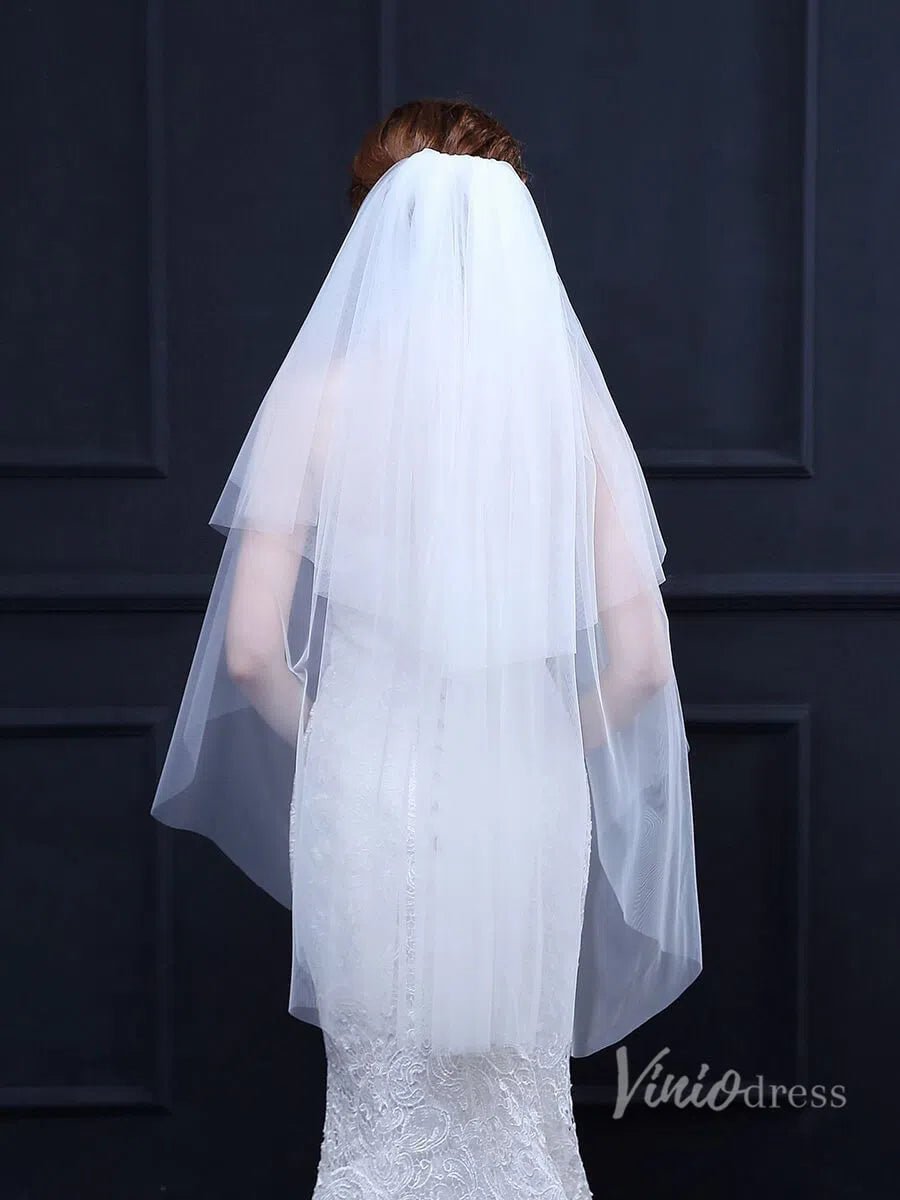 Simple White Fingertip Length Bridal Veil with Blusher Viniodress TS18022-Bridal Veil 2025 -Viniodress-White-