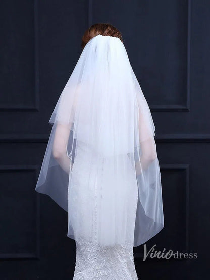 Simple White Fingertip Length Bridal Veil with Blusher Viniodress TS18022-Bridal Veil 2025 -Viniodress-White-