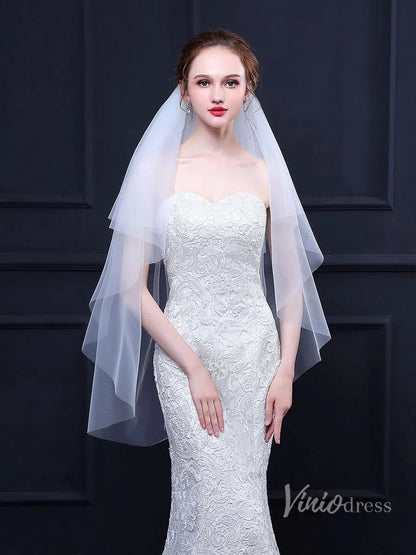 Simple White Fingertip Length Bridal Veil with Blusher Viniodress TS18022-Bridal Veil 2025 -Viniodress-White-