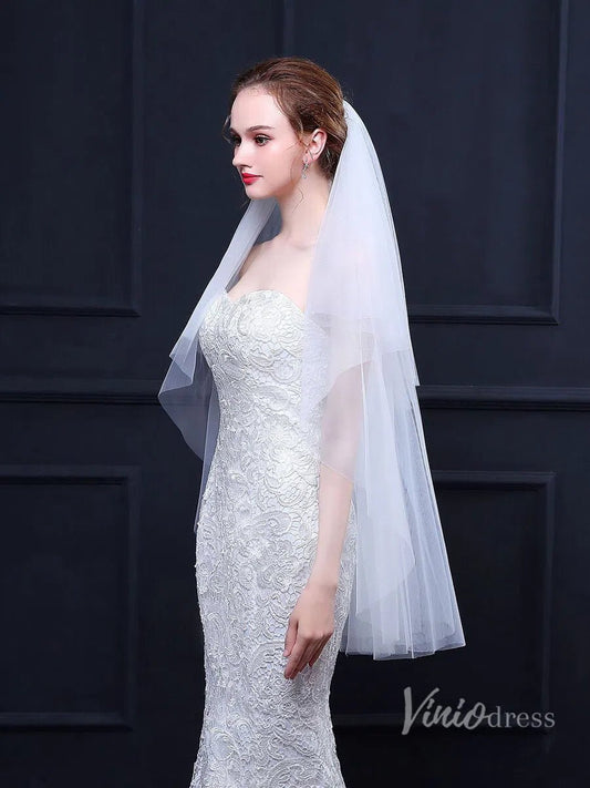 Simple White Fingertip Length Bridal Veil with Blusher Viniodress TS18022-Bridal Veil 2025 -Viniodress-White-