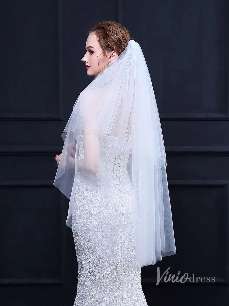 Simple White Fingertip Length Bridal Veil with Blusher Viniodress TS18022-Veils-Viniodress-Viniodress