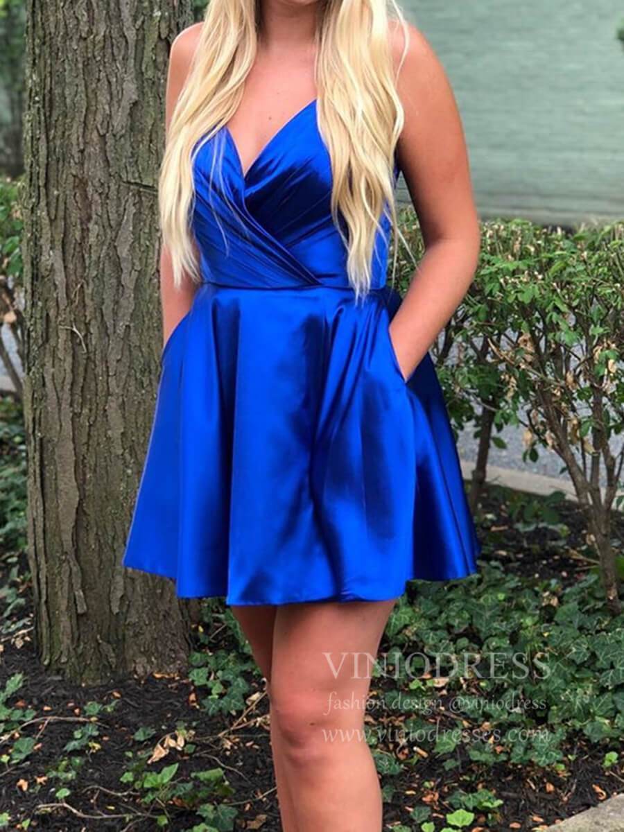 Simple Yellow Spaghetti Strap Homecoming Dresses with Pockets SD1282-Homecoming Dresses 2025 -Viniodress-Royal Blue-Custom Size-