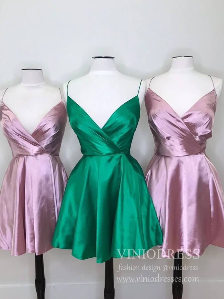 Short Prom Dresses 2025 Simple Yellow Spaghetti Strap Homecoming Dresses with Pockets SD1282-homecoming dresses-Viniodress-Emerald Green-Custom Size-Viniodress