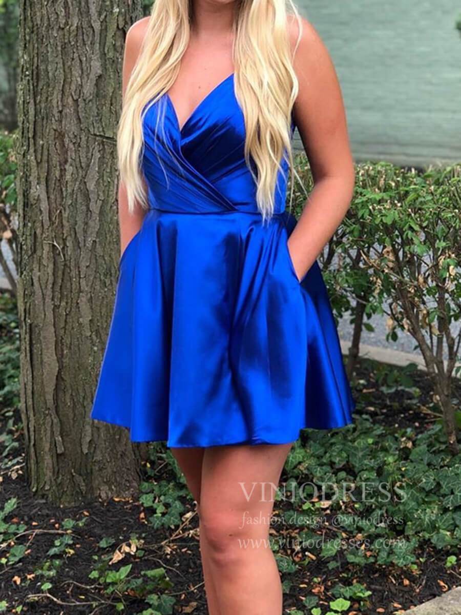 Short Prom Dresses 2025 Simple Yellow Spaghetti Strap Homecoming Dresses with Pockets SD1282-homecoming dresses-Viniodress-Royal Blue-Custom Size-Viniodress