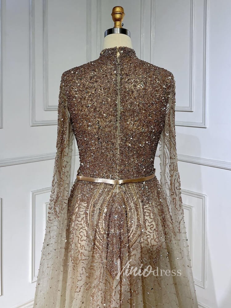 Sky Blue Beaded Evening Dresses Extra Long Sleeve High Neck Pageant Dress FD3017-Evening Dresses 2025 -Viniodress-Blue-US 2-