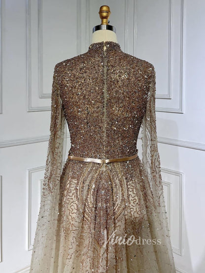 Sky Blue Beaded Evening Dresses Extra Long Sleeve High Neck Pageant Dress FD3017-Evening Dresses 2025 -Viniodress-Blue-US 2-