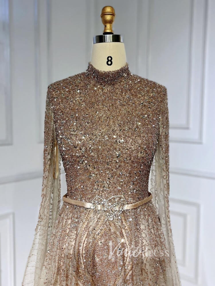 Sky Blue Beaded Evening Dresses Extra Long Sleeve High Neck Pageant Dress FD3017-Evening Dresses 2025 -Viniodress-Blue-US 2-