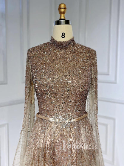 Sky Blue Beaded Evening Dresses Extra Long Sleeve High Neck Pageant Dress FD3017-Evening Dresses 2025 -Viniodress-Blue-US 2-