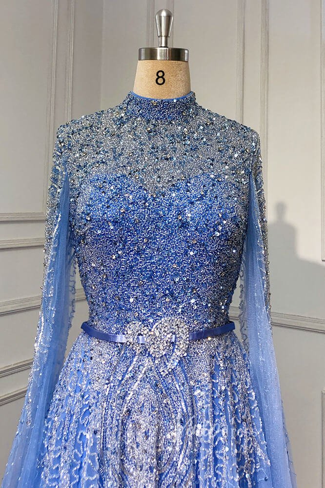 Sky Blue Beaded Evening Dresses Extra Long Sleeve High Neck Pageant Dress FD3017-Evening Dresses 2025 -Viniodress-Blue-US 2-