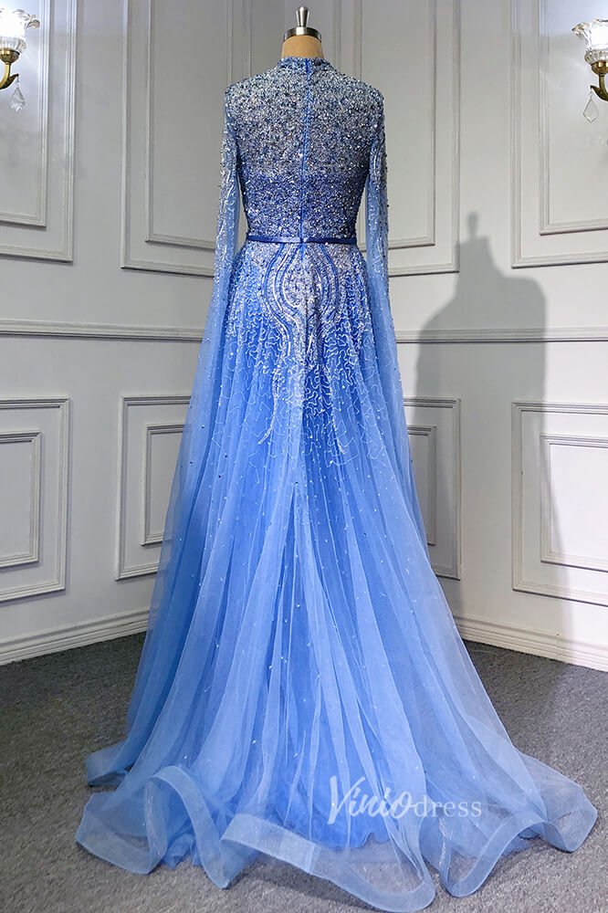 Sky Blue Beaded Evening Dresses Extra Long Sleeve High Neck Pageant Dress FD3017-Evening Dresses 2025 -Viniodress-Blue-US 2-