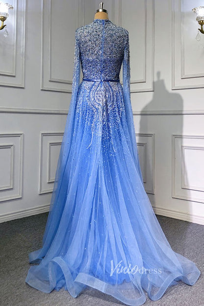 Sky Blue Beaded Evening Dresses Extra Long Sleeve High Neck Pageant Dress FD3017-Evening Dresses 2025 -Viniodress-Blue-US 2-