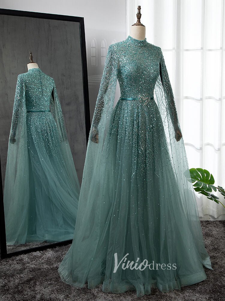Sky Blue Beaded Evening Dresses Extra Long Sleeve High Neck Pageant Dress FD3017-Evening Dresses 2025 -Viniodress-Blue-US 2-