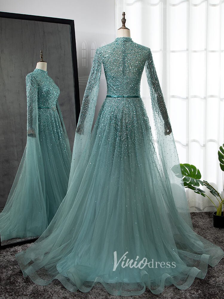 Sky Blue Beaded Evening Dresses Extra Long Sleeve High Neck Pageant Dress FD3017-Evening Dresses 2025 -Viniodress-Blue-US 2-