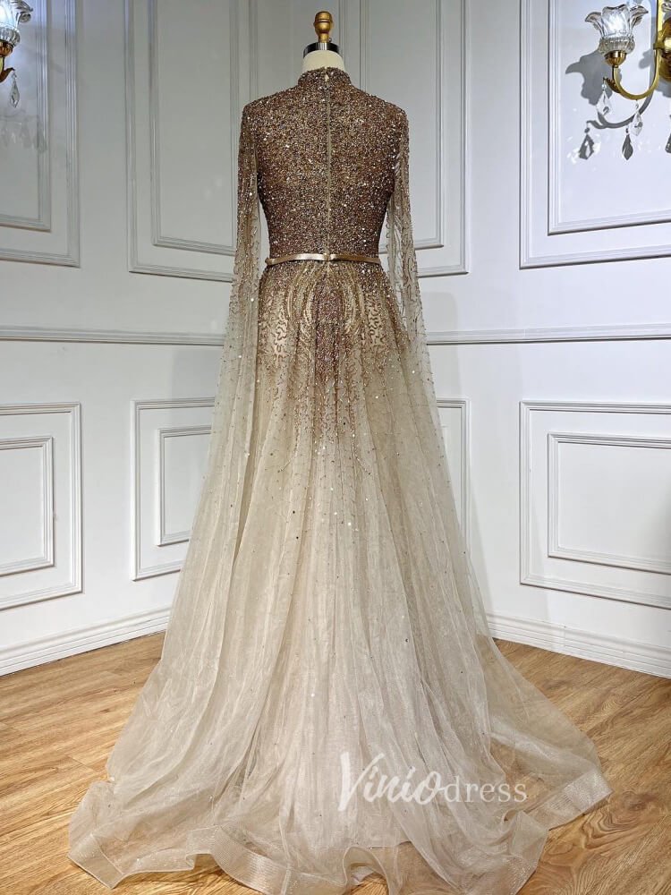 Sky Blue Beaded Evening Dresses Extra Long Sleeve High Neck Pageant Dress FD3017-Evening Dresses 2025 -Viniodress-Blue-US 2-