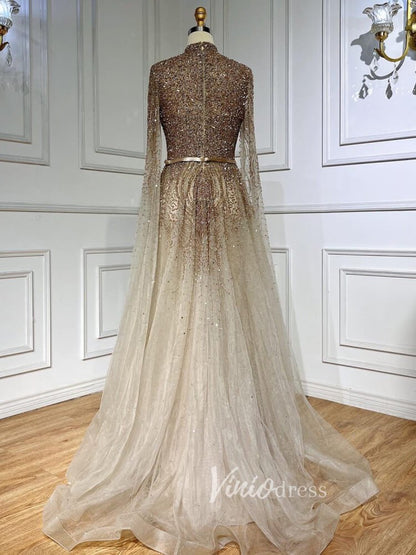 Sky Blue Beaded Evening Dresses Extra Long Sleeve High Neck Pageant Dress FD3017-Evening Dresses 2025 -Viniodress-Blue-US 2-