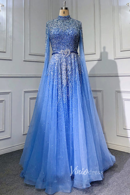 Sky Blue Beaded Evening Dresses Extra Long Sleeve High Neck Pageant Dress FD3017-Evening Dresses 2025 -Viniodress-Blue-US 2-
