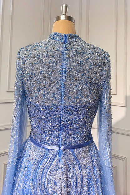 Sky Blue Beaded Evening Dresses Extra Long Sleeve High Neck Pageant Dress FD3017-Evening Dresses 2025 -Viniodress-Blue-US 2-