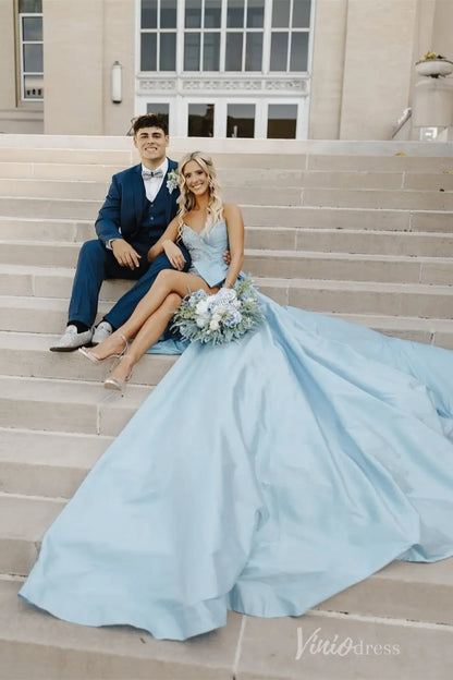 Sky Blue Beaded Prom Dress with Sweetheart Neckline, High Slit & Overskirt Bow – SS105-prom dresses 2025 -Viniodress-Light Blue-Custom Size-