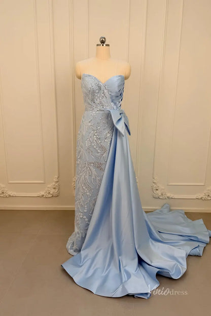 Sky Blue Beaded Prom Dress with Sweetheart Neckline, High Slit & Overskirt Bow – SS105-prom dresses 2026-Viniodress-Light Blue-Custom Size – Add Measurements in Cart-