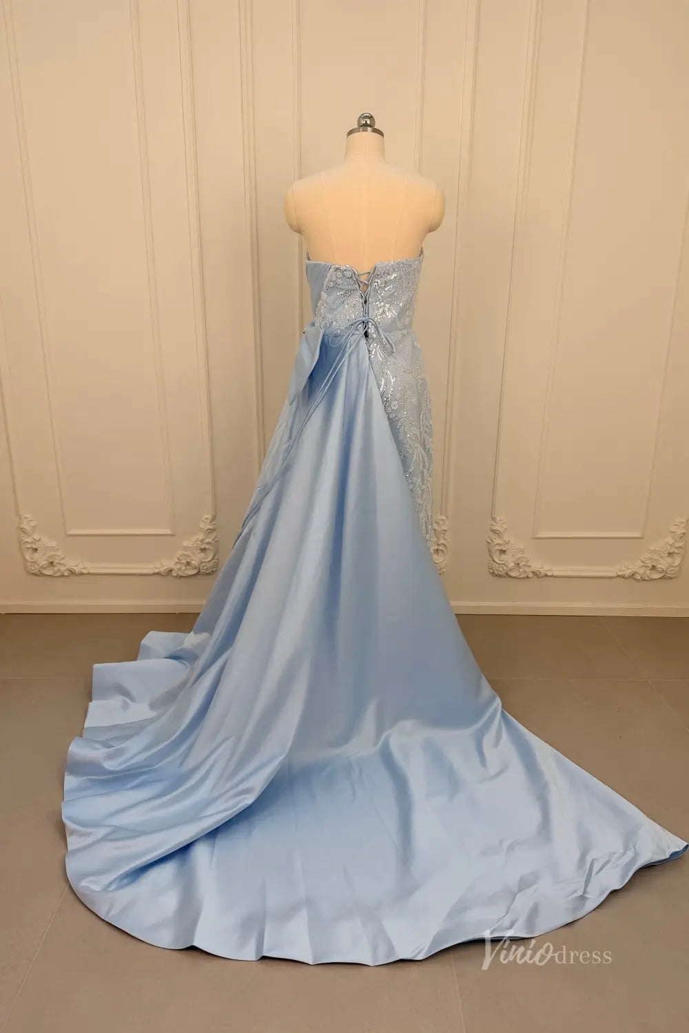 Sky Blue Beaded Prom Dress with Sweetheart Neckline, High Slit & Overskirt Bow – SS105-prom dresses 2026-Viniodress-Light Blue-Custom Size – Add Measurements in Cart-