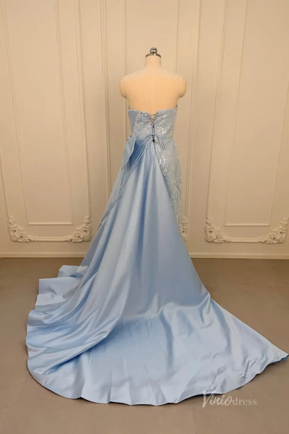 Sky Blue Beaded Prom Dress with Sweetheart Neckline, High Slit & Overskirt Bow – SS105-prom dresses 2026-Viniodress-Light Blue-Custom Size – Add Measurements in Cart-