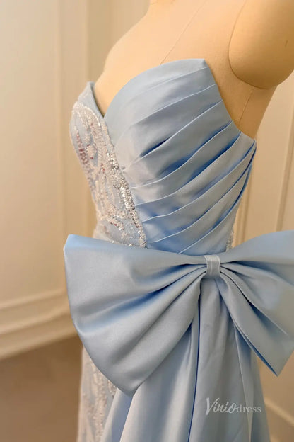 Sky Blue Beaded Prom Dress with Sweetheart Neckline, High Slit & Overskirt Bow – SS105-prom dresses 2026-Viniodress-Light Blue-Custom Size – Add Measurements in Cart-