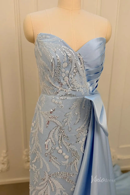 Sky Blue Beaded Prom Dress with Sweetheart Neckline, High Slit & Overskirt Bow – SS105-prom dresses 2026-Viniodress-Light Blue-Custom Size – Add Measurements in Cart-