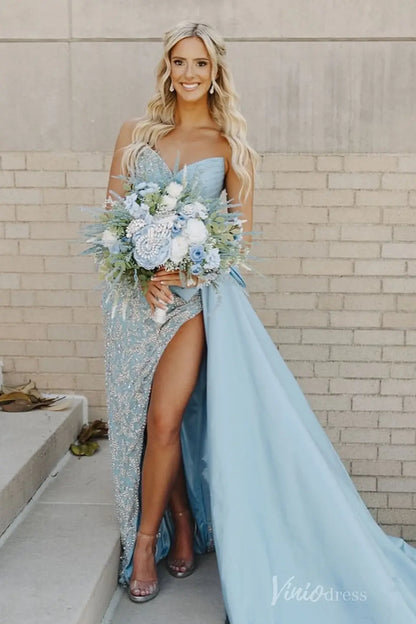 Sky Blue Beaded Prom Dress with Sweetheart Neckline, High Slit & Overskirt Bow – SS105-prom dresses 2025 -Viniodress-Light Blue-Custom Size-