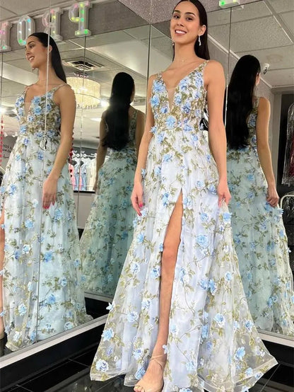 Sky Blue Floral Prom Dresses with Slit V-neck Flower Blossom Formal Dresses FD3800-prom dresses 2025 -Viniodress-Light Blue-Custom Size-