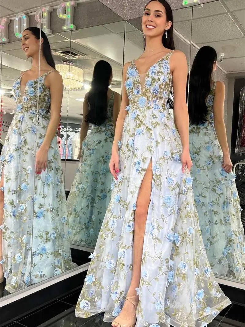 Sky Blue Floral Prom Dresses with Slit V-neck Flower Blossom Formal Dresses FD3800-prom dresses 2025 -Viniodress-Light Blue-Custom Size-