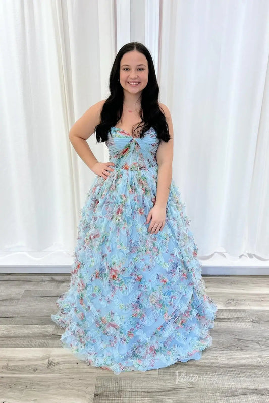 Sky Blue Floral Tulle Ball Gown Prom Dress with Sweetheart Twist Bodice & Layered Ruffle Skirt – RF150-prom dresses 2026-Viniodress-Sky Blue-Custom Size-