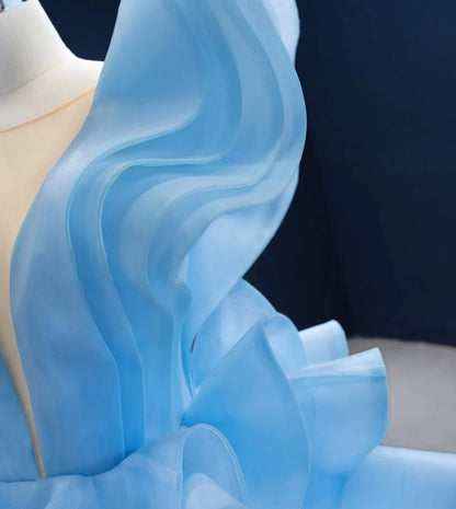 Sky Blue Pageant Gown Deep V-neck Tiered Prom Dresses 67202 viniodress-Quinceanera Dresses 2025 -Viniodress-Light Blue-Custom Size-