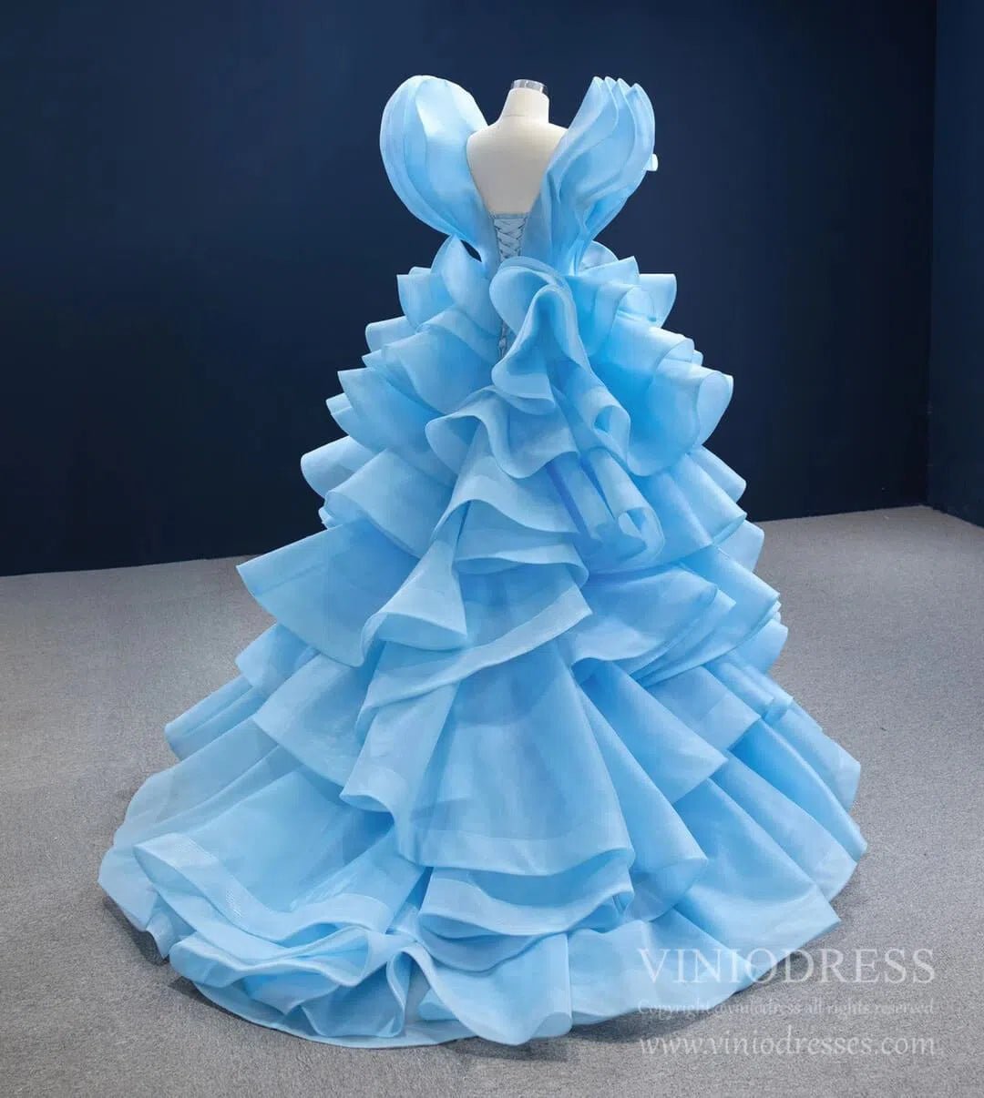 Sky Blue Pageant Gown Deep V-neck Tiered Prom Dresses 67202 viniodress-Quinceanera Dresses 2025 -Viniodress-Light Blue-Custom Size-