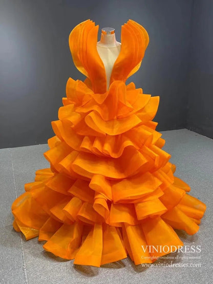 Sky Blue Pageant Gown Deep V-neck Tiered Prom Dresses 67202 viniodress-Quinceanera Dresses 2025 -Viniodress-Orange-Custom Size-