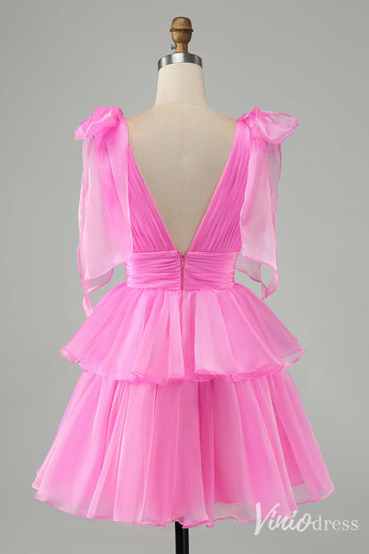 Sky Blue Pleated Tiered Homecoming Dresses A Line V Neck Back to School Dress S24011-prom dresses 2025 -Viniodress-Light Blue-Custom Size-