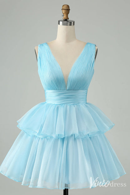 Sky Blue Pleated Tiered Homecoming Dresses A Line V Neck Back to School Dress S24011-prom dresses 2025 -Viniodress-Light Blue-Custom Size-