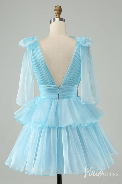Sky Blue Pleated Tiered Homecoming Dresses A Line V Neck Back to School Dress S24011-prom dresses 2025 -Viniodress-Light Blue-Custom Size-