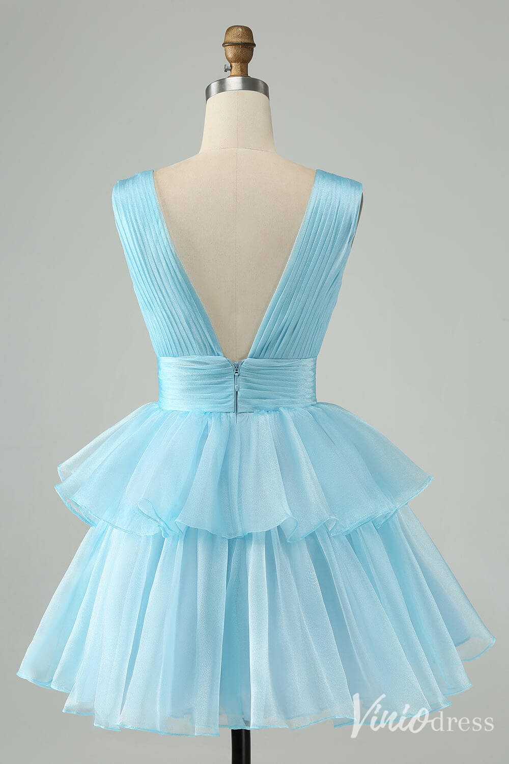 Sky Blue Pleated Tiered Homecoming Dresses A Line V Neck Back to School Dress S24011-prom dresses 2025 -Viniodress-Light Blue-Custom Size-