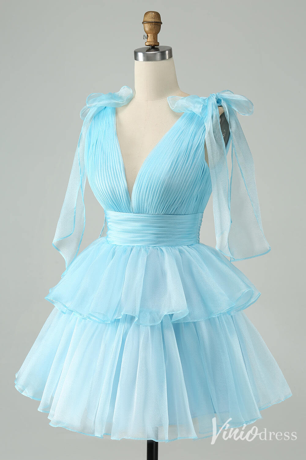 Sky Blue Pleated Tiered Homecoming Dresses A Line V Neck Back to School Dress S24011-prom dresses 2025 -Viniodress-Light Blue-Custom Size-
