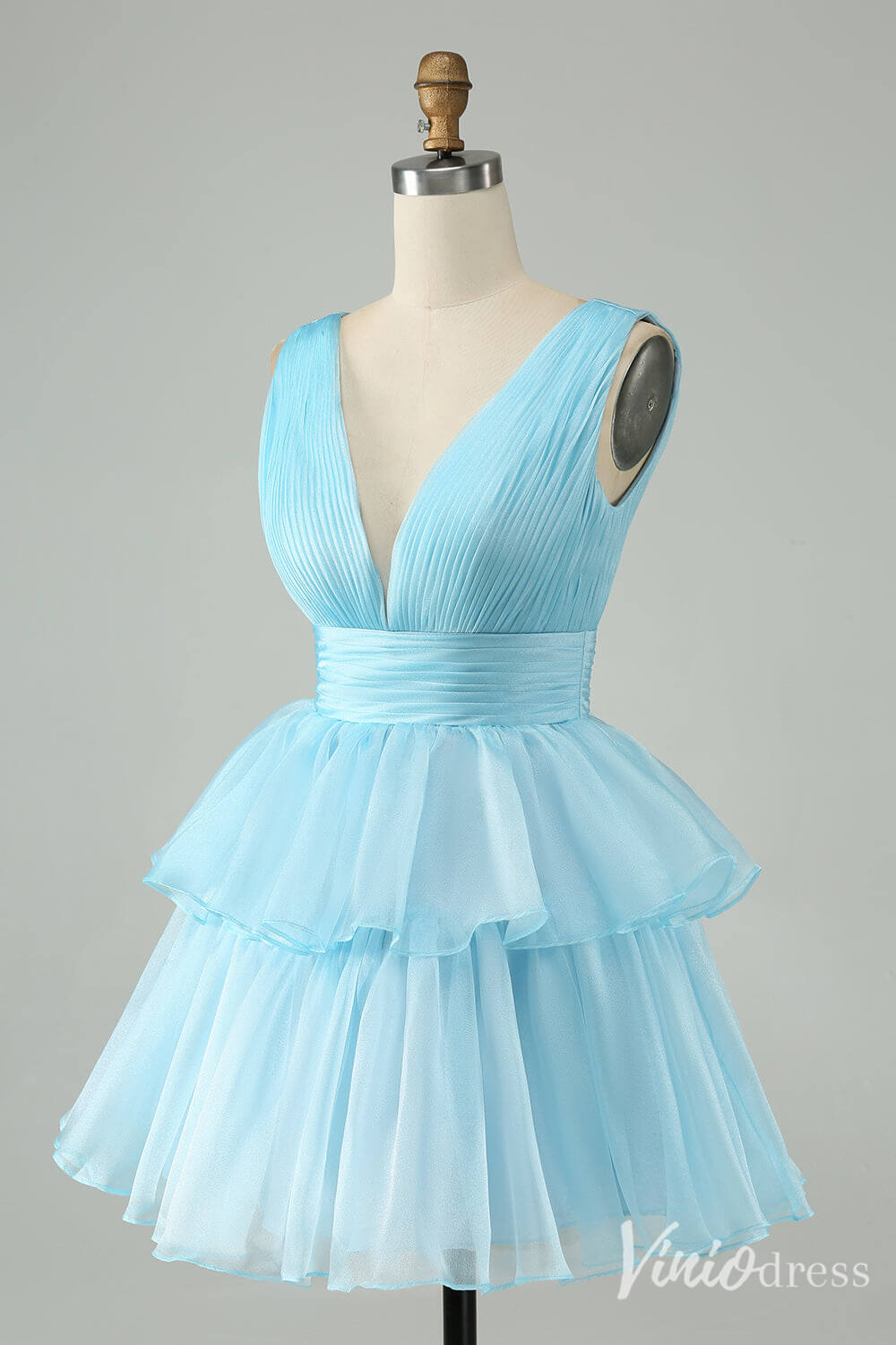 Sky Blue Pleated Tiered Homecoming Dresses A Line V Neck Back to School Dress S24011-prom dresses 2025 -Viniodress-Light Blue-Custom Size-