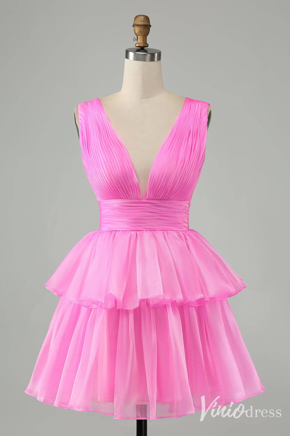 Sky Blue Pleated Tiered Homecoming Dresses A Line V Neck Back to School Dress S24011-prom dresses 2025 -Viniodress-Light Blue-Custom Size-